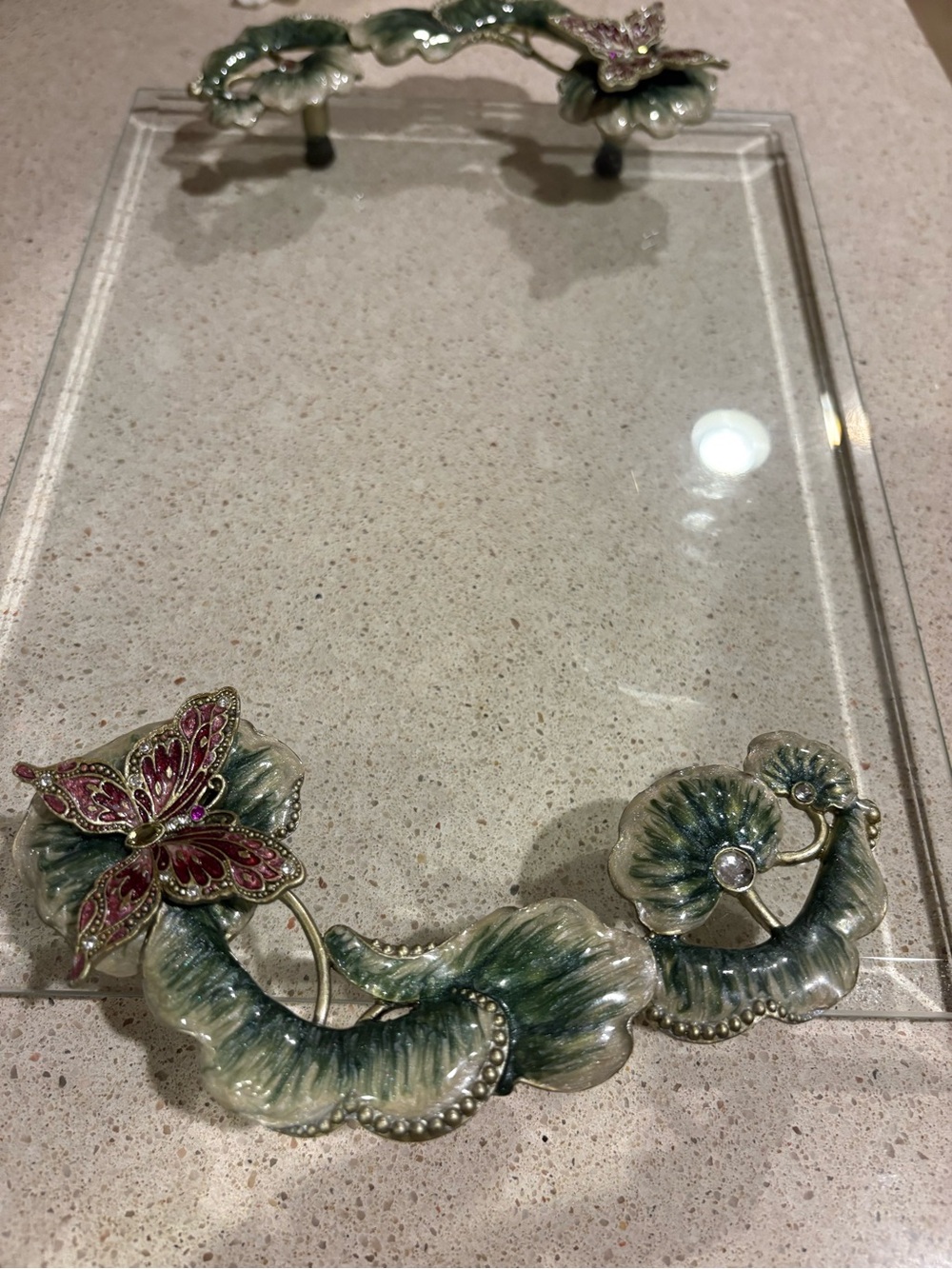 Cloissone Enameled Butterfly Leaves Handle Glass Tray Beveled 12” x 9”